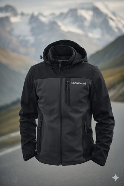 SNOWMOUNT Siyah Antrasit Renk Softshell Sök Tak Kapüşonlu Kışlık Polarlı Mont...