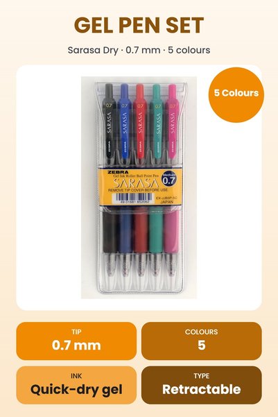 Zebra Sarasa Dry Retractable Gel Pen Set 0.7 mm, 5 Colours – Assorted