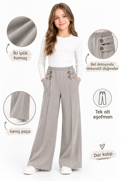 nazarbebe Girl's Gray Slim Fit Button Detailed P Palazzo Pants – 20257