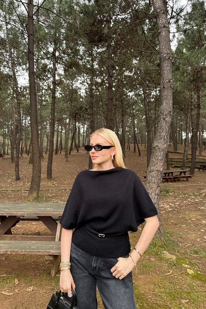 lizge giyim Pulover tricotat cu guler bărcuță, mâneci liliac și curea în talie