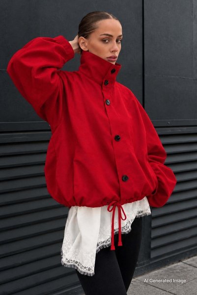 Madmext Kırmızı Dik Yaka Oversize Bomber Kadın Ceket MG2915