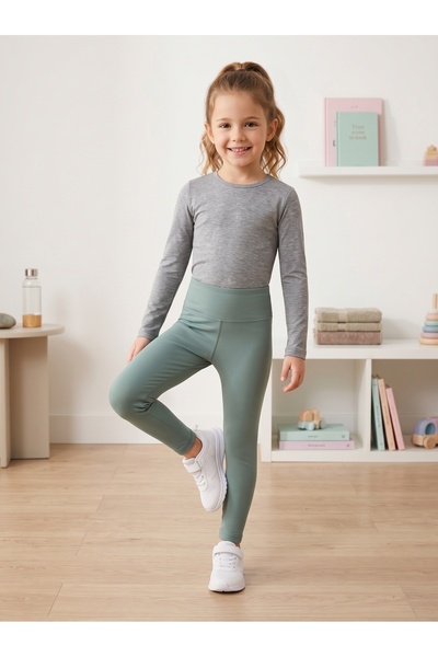 Deniva Kids Kız Çocuk Su Yeşili Yüksek Bel Oysho Kumaş Esnek Spor ve Günlük Tayt