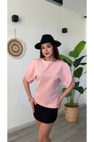 WeShaya Crew Neck Pink Balloon Sleeve Blouse – Modern Stylish Office Blouse -...