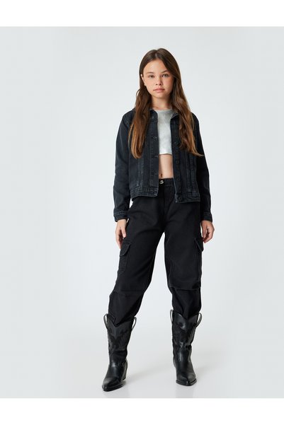 Koton Jogger Denim Trousers with Cargo Pockets and Buttons, Cotton