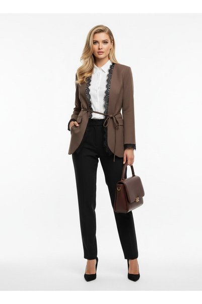 WeShaya Stylish Belted Jacket with Lace Detail – Modern Office Style Blazer -...
