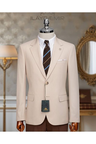 ilayda emir Italian Cut Slim Blazer Men's Suit Cream