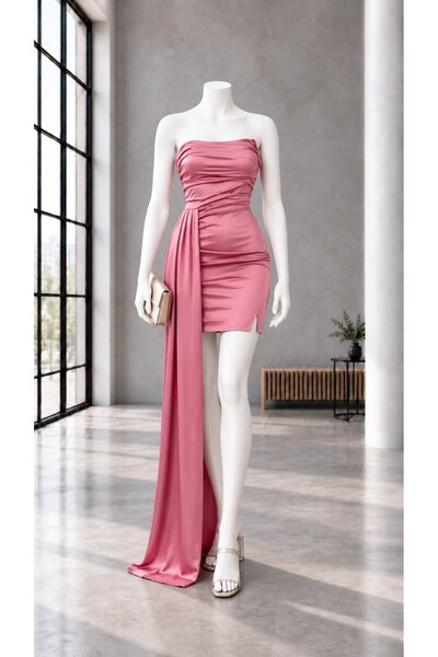 Modafeminen Rochie midi/maxi din satin roz, fără bretele, cu șliț lateral și ...