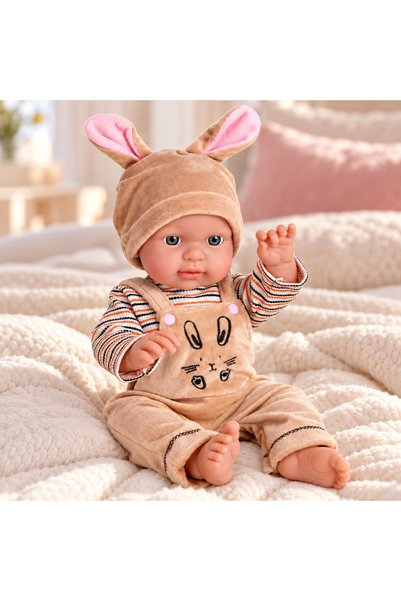 PROCART Baby doll, bunny ear hat, overalls and blouse, realistic appearance, ...
