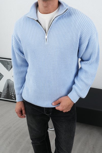 İLKCET MODA Zippered Baby Blue Stand Collar Basic Oversize Sweater