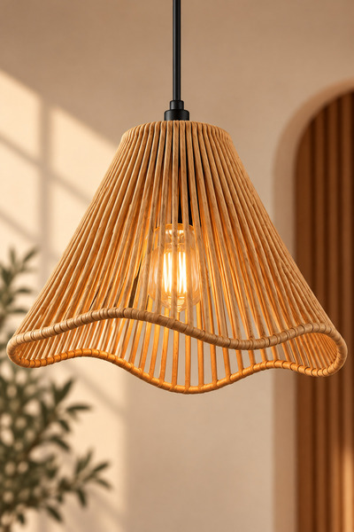 Lambadar Riva Flow Model Naturel Handmade Bohem İskandinav Rattan Tekli Sarkı...