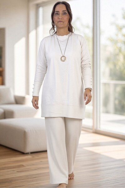 yagmurberen Button Detail Long Tunic Pleated Waist Elasticated Pants Plus Siz...