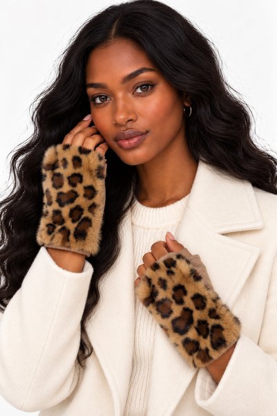 Axesoire 16043 Leopar Desen Peluş Vizon Kesik Eldiven