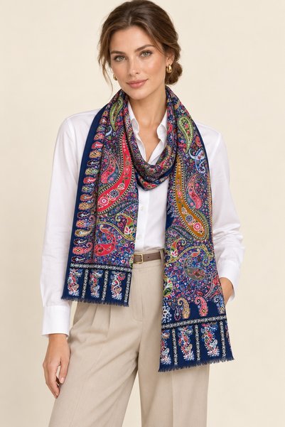 Axesoire 15176 Patchwork Desenli Lacivert Fransa Kumaşı Varaklı Şal