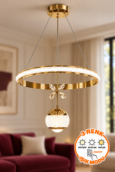 Dekorluna Iron Halka 40cm Gold Halka Avize Kristal Küre Sarkıtlı 3 Renk Işık ...