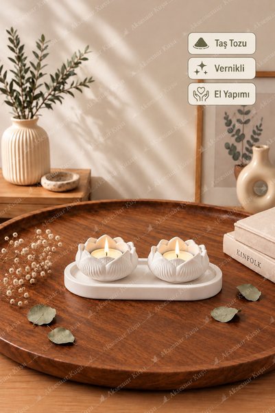 Aksesuar Kuşu Tepsili 2’li Lotus Mumluk Seti Tealight Mumluk Dekoratif Masa O...