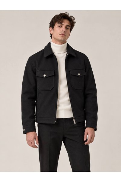 LTC Jeans Men's Black-Collar, Double-Pocket, Lined Melton Coat