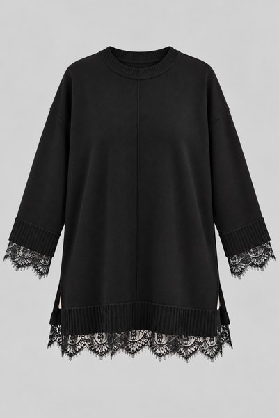 bezeXL Plus Size Sleeve Skirt Tulle Detailed Knitwear Sweater Black