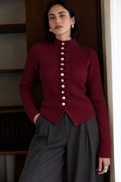 Yefrastore Women's Burgundy Stand Collar Ruffle Detailed Buttoned Knitwear Ca...