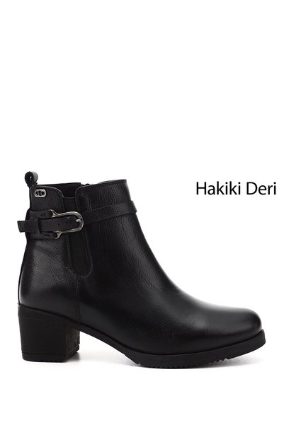 GÖNDERİ(R) Women's Black Floater Zippered Thick Heeled Genuine Leather Boots