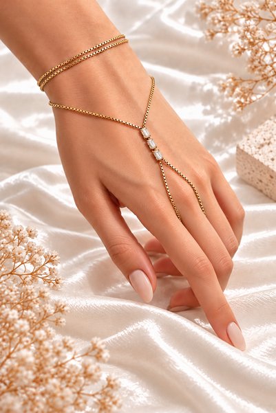 Spossy Silver Jewelry 925 Ayar Gümüş Gold Kaplamalı Üç Baget Taşlı Çift Dolam...