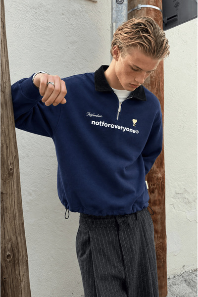 Respire Erkek Not For Everyone Nakışlı Polo Yaka Oversize Sweatshirt Lacivert