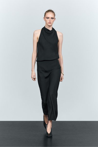Massimo Dutti Kuşak detaylı halter yaka midi elbise