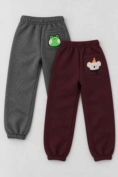 Perendi Boy's Pocket Embroidered Frog and Koala 2-Piece Sweatpants Burgundy-A...