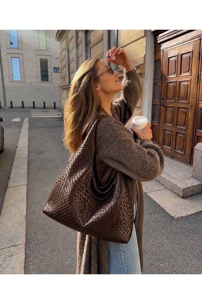 Tecer Bag Women's Bitter Coffee-Patterned Braided Zipper Loose-Fit Vintage Sh...