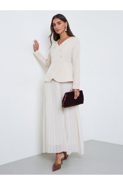 Styli Cream Long Sleeve Pleated Blazer Maxi Dress
