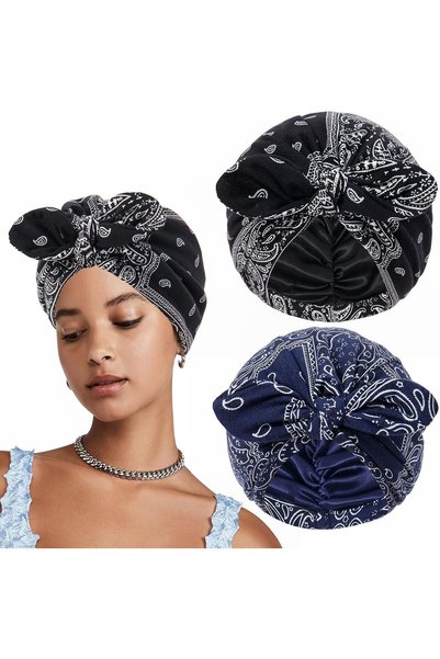 Generic 2 PCS Satin Lined Sleep Caps for Women, Pre Tied Turban with Silk Lin...