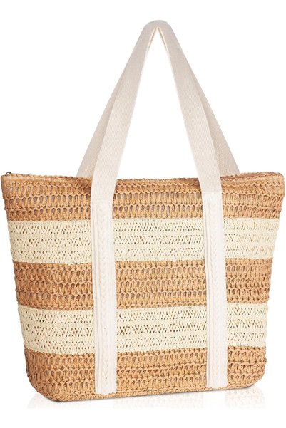 Generic Large Straw Beach Bag for women, Wide Stripes Straw Tote Bag, Woven S...