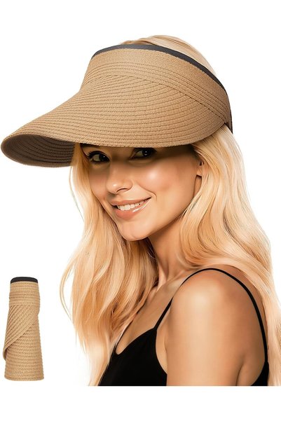 Generic Sun Hats Visor for Women, Straw Beach Hat Adjustable Wide Brim Ponyta...
