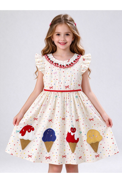 Take Two By Styli Beige Ice Cream Applique Polka Dot Dress