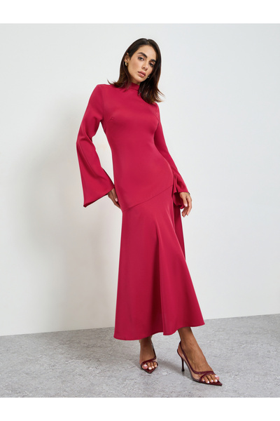 Take Two By Styli Red High Neck Maxi Dress with Bell Sleeves
