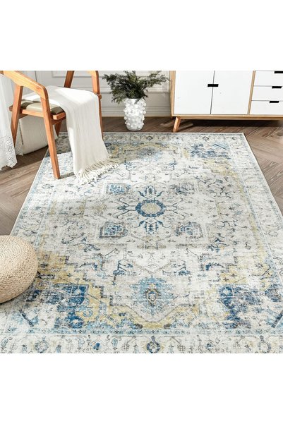 Generic Vintage Carpet Medallion Washable Accent Rug Light Blue 183x274CM