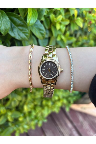 BURCU JEWELRY ساعة يد نسائية ذهبية اللون، بمينا بلون القهوة الداكنة، وسوار مع...