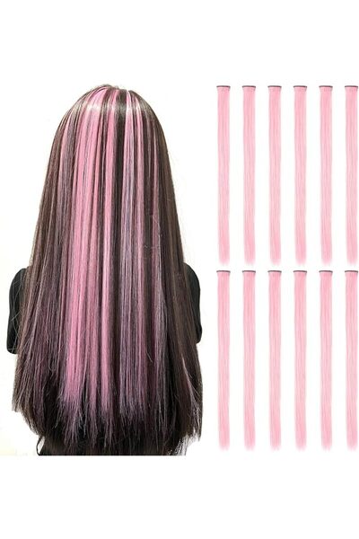 ONASELY 12PCS Colored Hot Pink Hair Extensions - Straight Multicolor Clip In ...