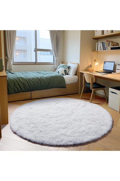 Generic White Fluffy Round Rug 4Ft for Bedroom Aesthetic, Washable Fuzzy Fur ...