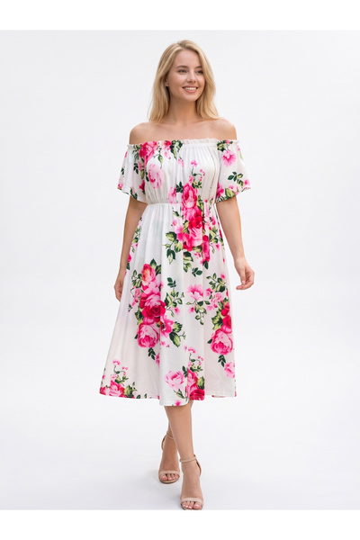 Take Two By Styli White Floral Off Shoulder A-Line Midi Dress