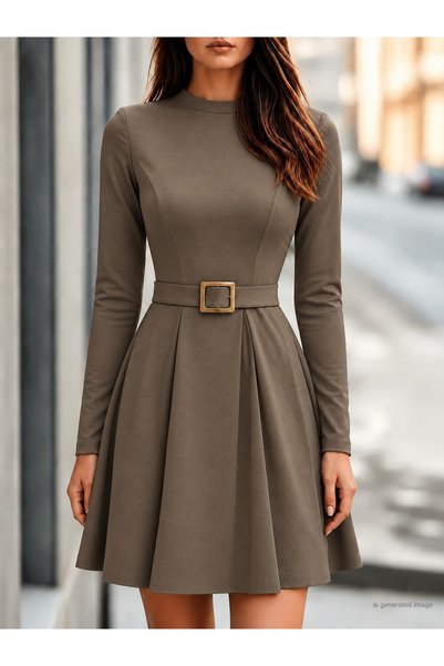 bysocafashion Women's long sleeve mock neck short modal dress with buckle det...