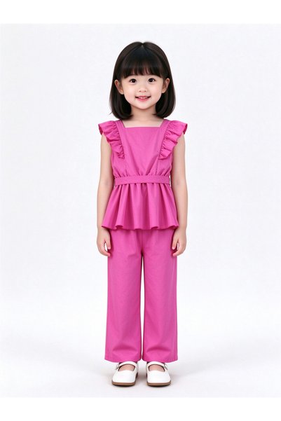 Take Two By Styli Girls Pink Square Neck Peplum Top and Straight Leg Pants Set