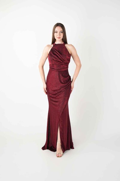BEYBOS Glitter Fabric Halter Neck Fish Dress - Bordo