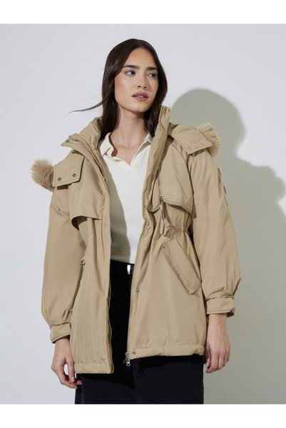 Styli Beige Longline Regular Fit Padded Coat with Faux Fur Hood