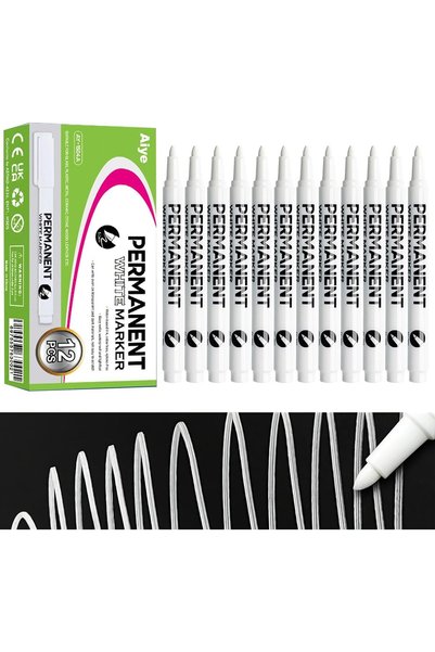 Generic 12 قلم تحديد أبيض دائم برأس دقيق 2 مم، أقلام تلوين مقاومة للماء وسريع...