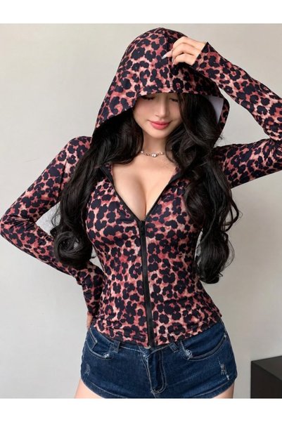 bysocafashion سترة غطس نسائية بأكمام طويلة وسحاب أمامي وطبعة جلد الفهد