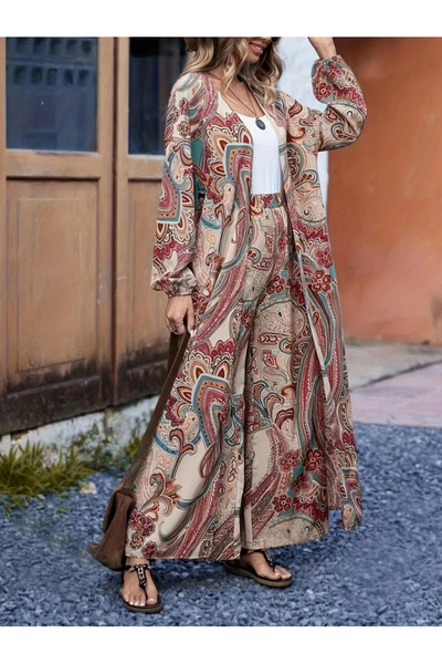 Take Two By Styli Bohemian Paisley Wide Leg Pants and Kimono Set