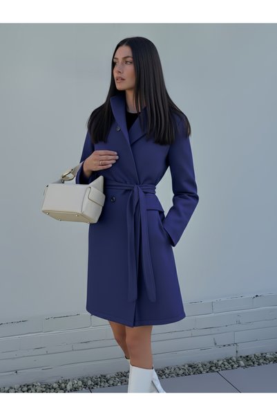 Styli Navy Regular Fit Double Breasted Belted Wool Like Coat