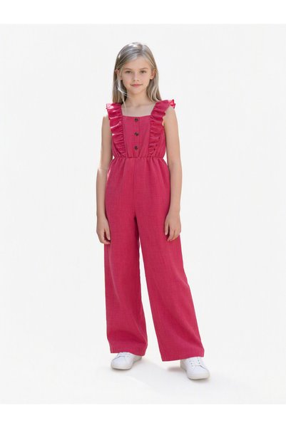 Take Two By Styli Girls Dark Pink Ruffle Shoulder Jumpsuit
