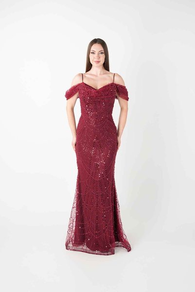 BEYBOS Full Beaded Fabric Boat Neck Fish Evening Dress - Bordo