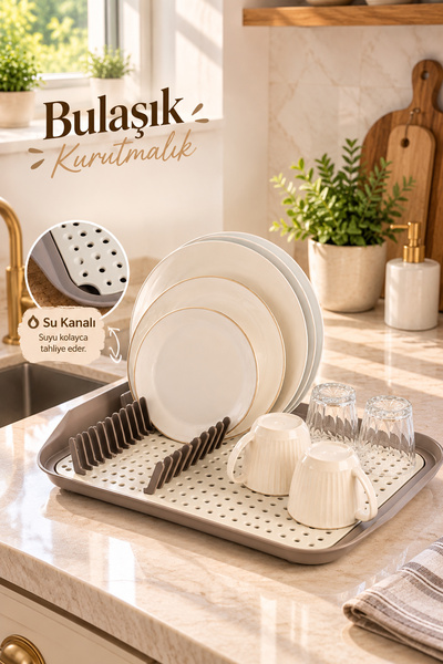 Porsima 1213 Bej Çok Amaçlı Bulaşık Tepsisi Beyaz Plastik Durulama Matı Tezga...